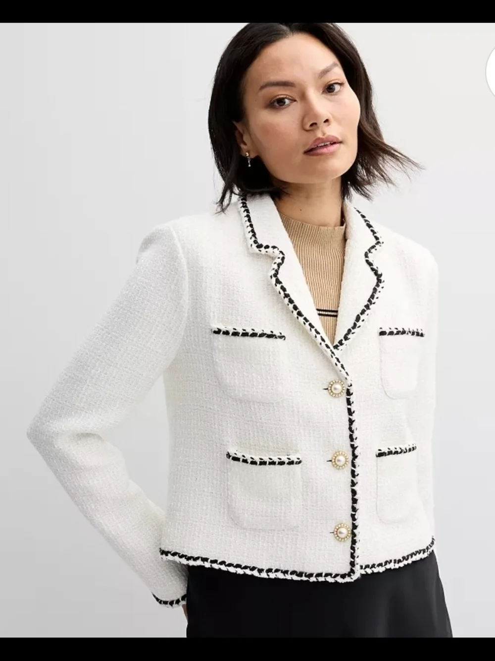 Ellen Tracy-White Tweed Blazer with Black Trim and Pearl Buttons Size XS 0075 - Picture 1 of 6